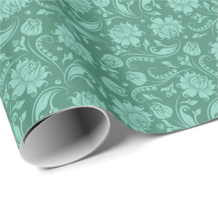 Mint-green Floral Damasks Over Green Background Wrapping Paper