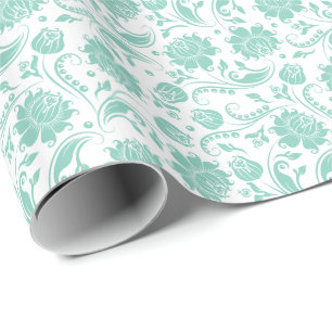 Mint-green Floral Damasks Over White Background Wrapping Paper