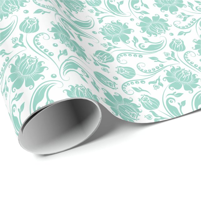 Mint-green Floral Damasks Over White Background Wrapping Paper (Roll Corner)