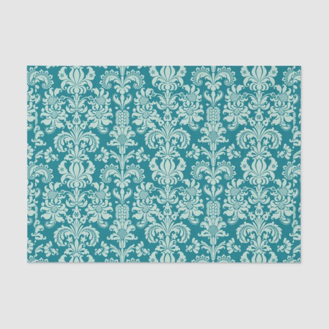 Mint-green Floral Damasks & Turquoise Background Tissue Paper (Front)