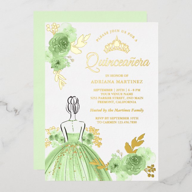 Mint Green Floral Dress Princess Quinceanera Gold (Front/Back)