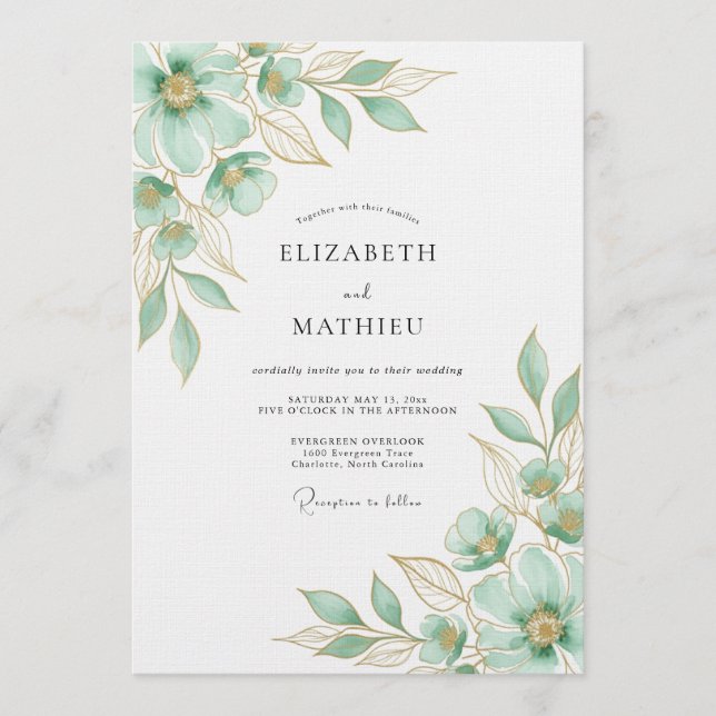 Mint Green Floral Flourish Wedding Invitation (Front)