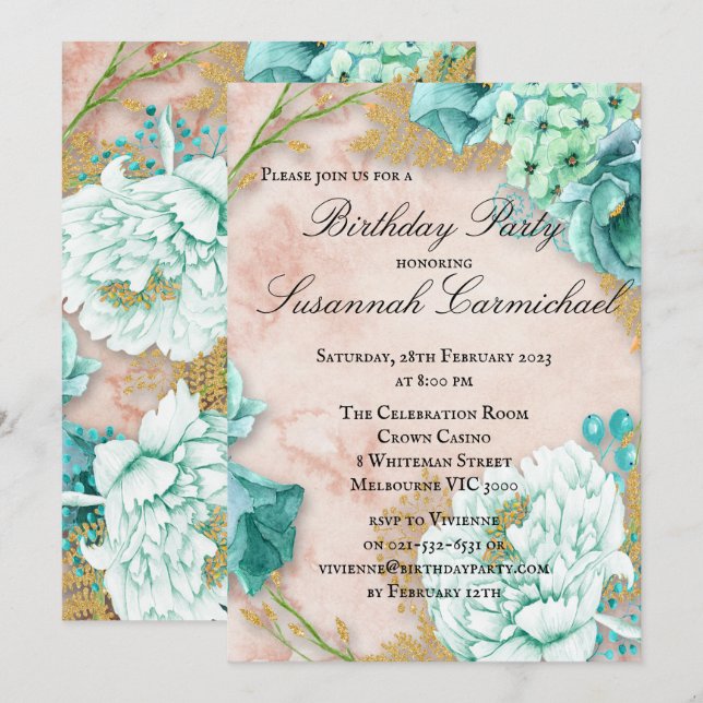 Mint Green Floral Frame, Pink Watercolor Birthday Invitation (Front/Back)