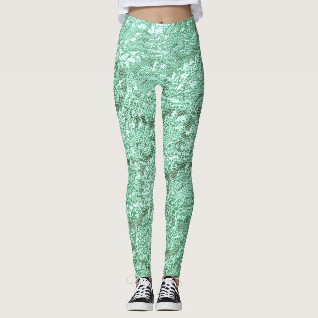 Mint green floral lace leggings (Front)