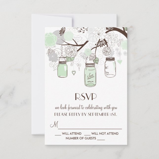 Mint Green Floral Mason Jars Wedding RSVP Card (Front)