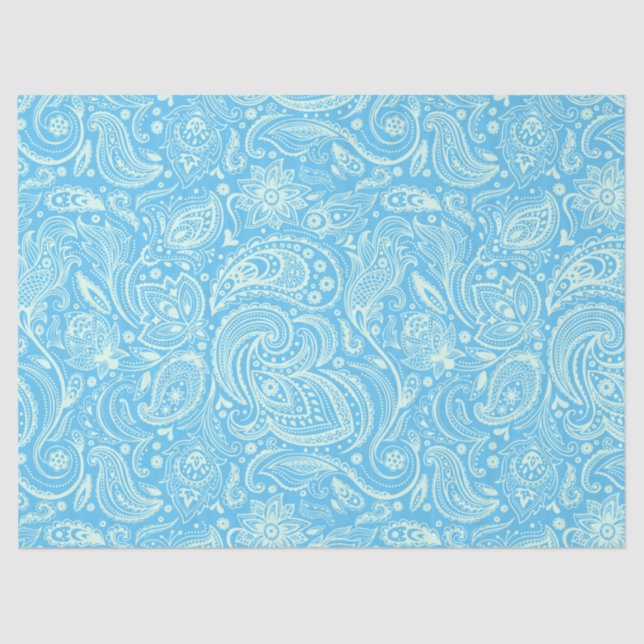 Mint-Green Floral Paisley Blue Background Tissue Paper (Front)