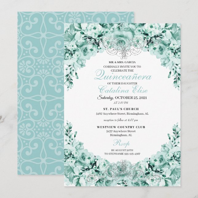 Mint Green Floral Quinceanera Birthday Invitation (Front/Back)