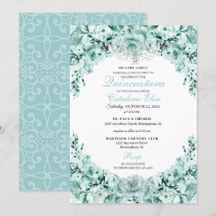 Mint Green Floral Quinceanera Birthday Invitation