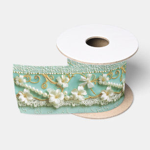 Mint Green Floral Satin Ribbon
