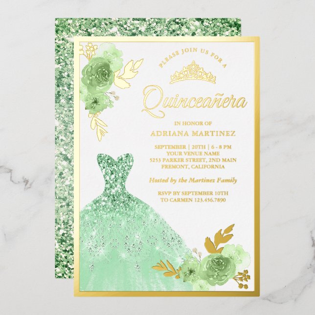 Mint Green Floral Sparkle Dress Quinceanera Gold (Front/Back)