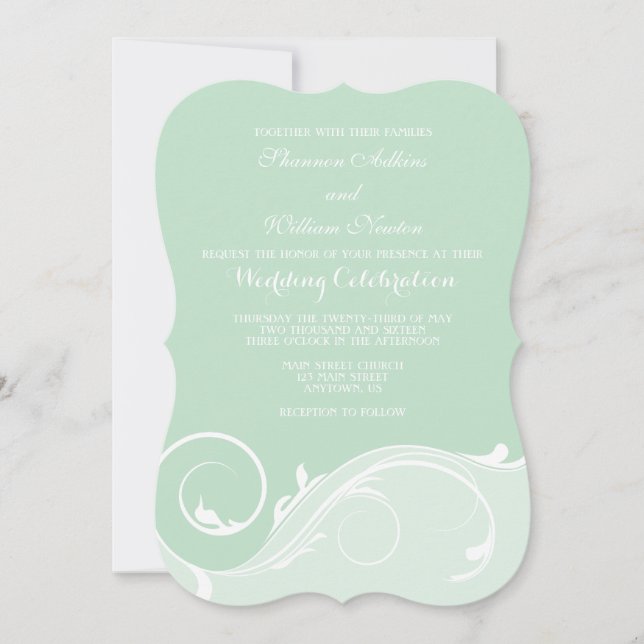 Mint Green Floral Swirl Bracket Wedding Invitesi Invitation (Front)