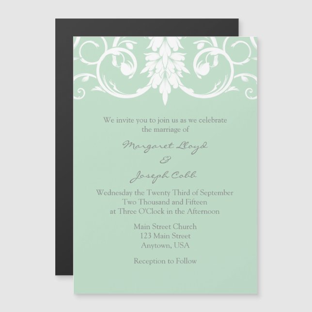 Mint Green Floral Swirls Magnetic Wedding Invites (Front/Back)