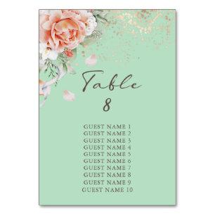 Mint Green Floral Table Number with Guest Names