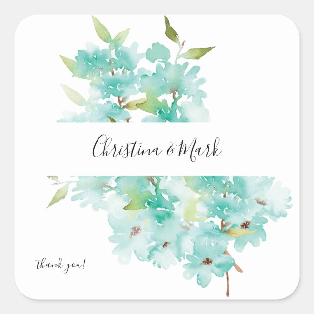 Mint Green Floral Thank You Square Sticker (Front)