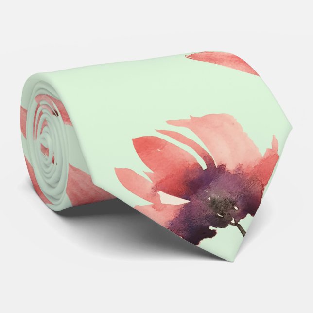 Mint Green Floral Watercolor Art Tie (Rolled)