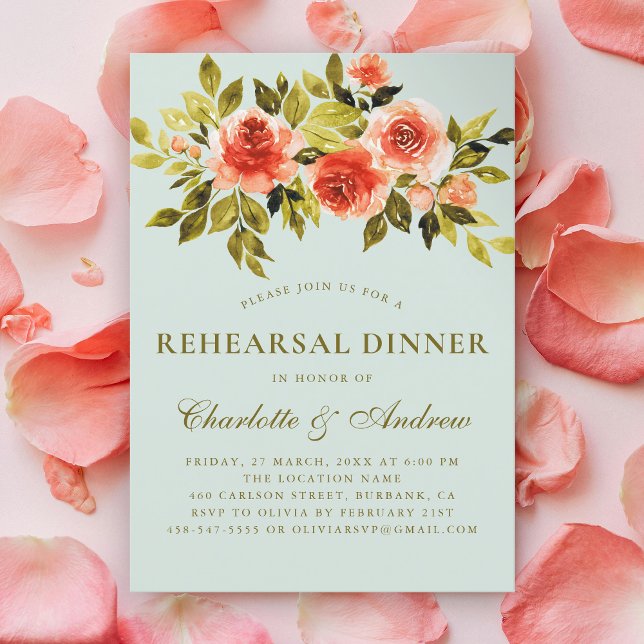 Mint Green Floral Watercolor  Rehearsal Dinner Invitation (Creator Uploaded)