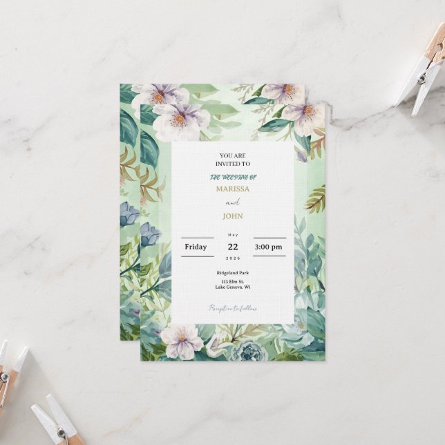 Mint Green Floral Watercolor Wedding Invitation (Front/Back In Situ)
