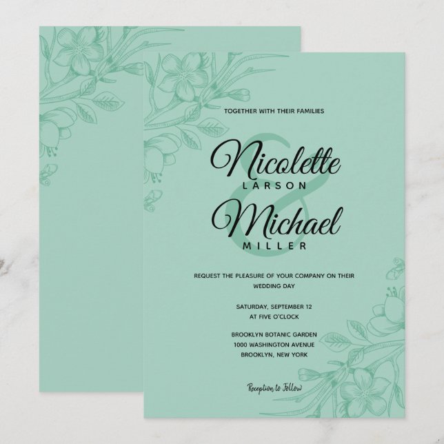 Mint Green Floral Wedding Invitation (Front/Back)