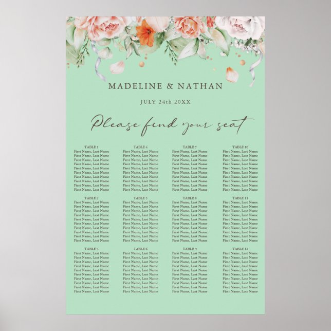 Mint Green & Floral Wedding Seating Chart (Front)