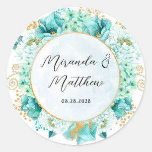 Mint Green Florals and Gold Foliage Wedding Classic Round Sticker