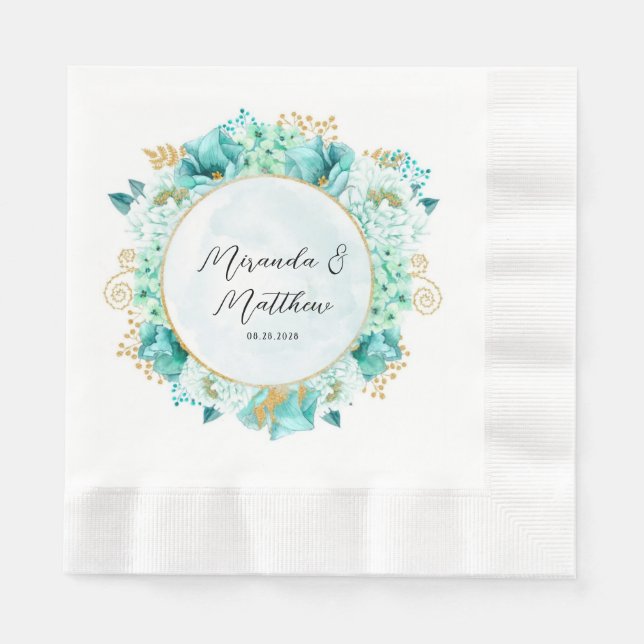 Mint Green Florals and Gold Foliage Wedding Napkin (Front)
