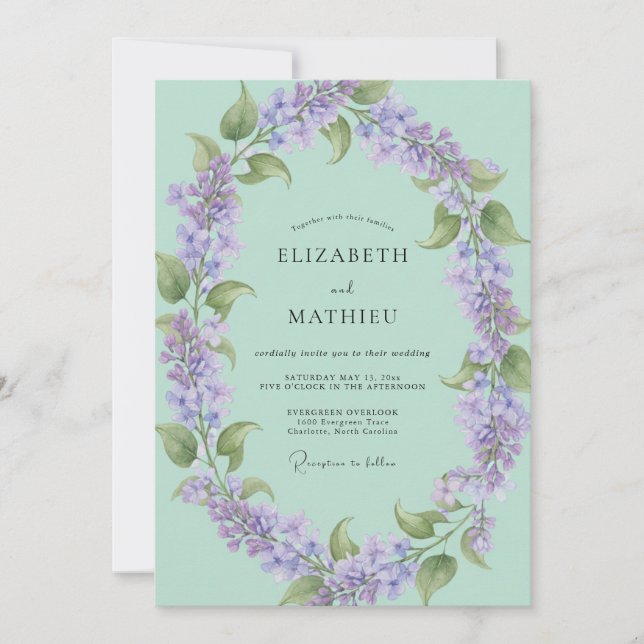 Mint Green Flourishing Lilac Wedding Invitation (Front)