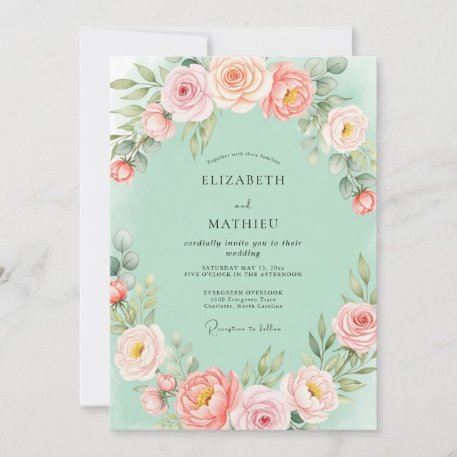 Mint Green Flourishing Spring Wedding Invitation (Front)