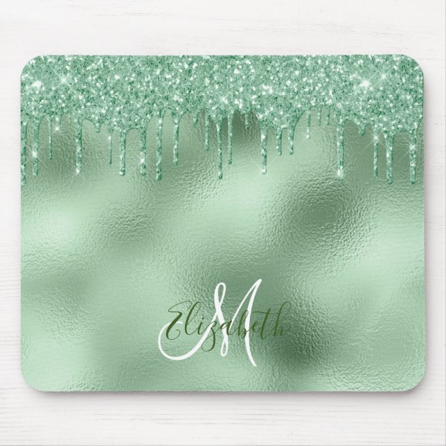 Mint Green Foil Glitter Drip Personalized Monogram Mouse Mat (Front)