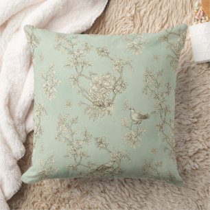 Mint Green French Country Birds and Floral Toile 1 Cushion