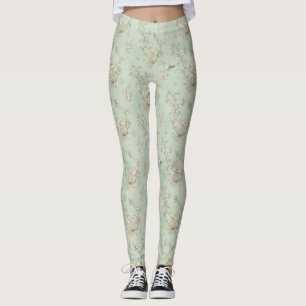Mint Green French Country Birds and Floral Toile 1 Leggings