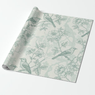 Mint Green French Country Birds and Floral Toile 2 Wrapping Paper