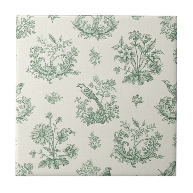 Mint Green French Country Birds and Floral Toile 4 Tile (Front)