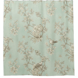 Mint Green French Country Birds and Floral Toile Shower Curtain