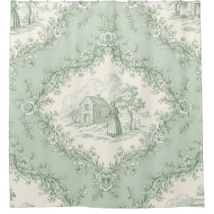 Mint Green French Country Floral Toile - Farmhouse Shower Curtain