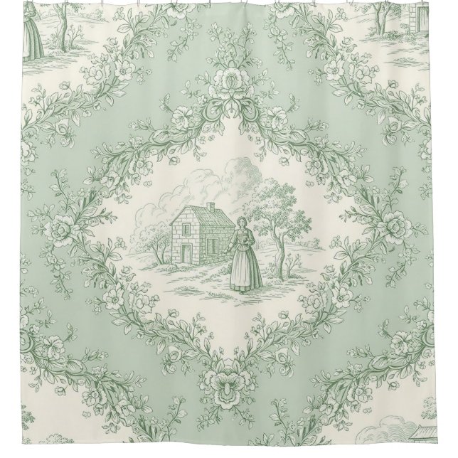 Mint Green French Country Floral Toile - Farmhouse Shower Curtain (Front)