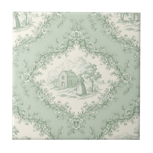 Mint Green French Country Floral Toile - Farmhouse Tile (Front)