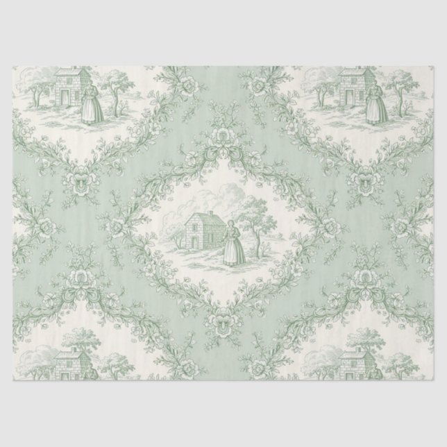 Mint Green French Country Floral Toile - Farmhouse Tissue Paper (Front)