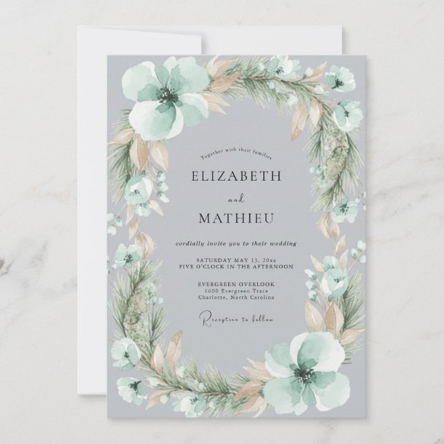 Mint Green Frosty Botanical Wedding Invitation (Front)