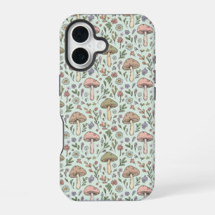 Mint Green Fungi Cottagecore Seamless Pattern iPhone 16 Case