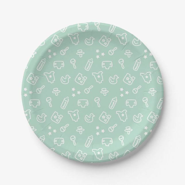 Mint Green Gender Neutral Baby Shower Paper Plates (Front)
