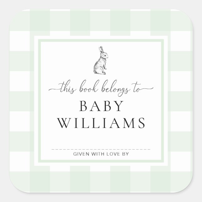 Mint Green Gingham Bunny Bookplate Sticker (Front)