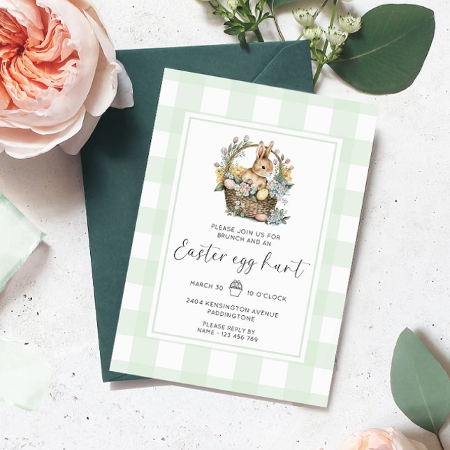 Mint Green Gingham Bunny Easter Egg Hunt Invitation (Easter Egg Hunt Invitation Gingham )