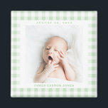 Mint Green Gingham Check Baby Birthdate Magnet<br><div class="desc">Sweet mint green and white gingham check is a charming way to frame the photo of a new baby and celebrate the arrival with a square magnet featuring the name and birthdate. Make this baby magnet for a new parent,  grandparents and family or friends.</div>