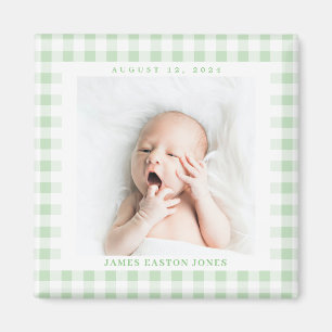 Mint Green Gingham Check Baby Birthdate Magnet