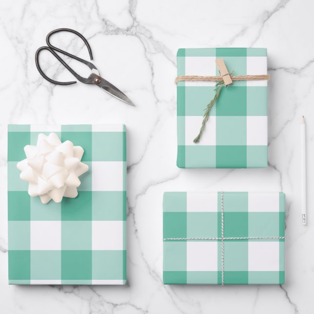 Mint Green Gingham Check Plaid Wrapping Paper Sheet (Front)