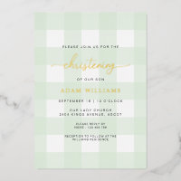 Mint Green Gingham Christening Foil Invitation