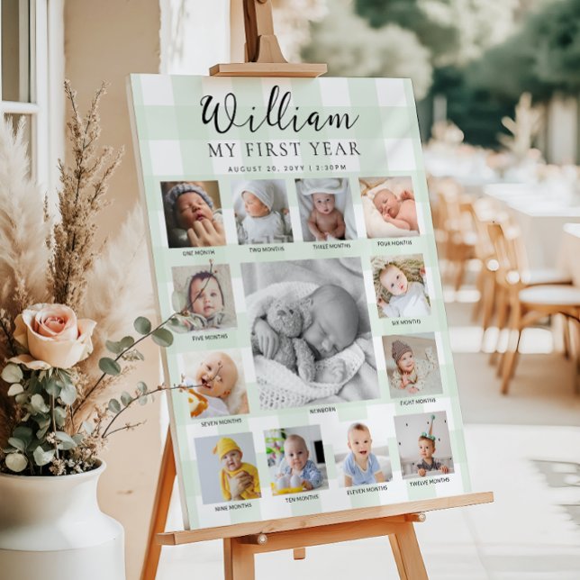 Mint Green Gingham First Birthday Photo Timeline Poster (Creator Uploaded)