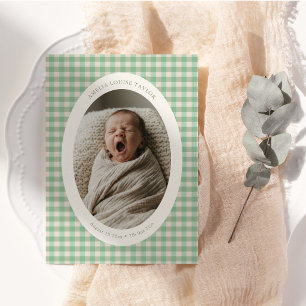 Mint Green Gingham Oval Photo Newborn Stats Birth Announcement