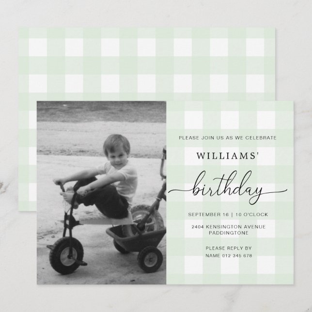 Mint Green Gingham Photo Birthday Invitation (Front/Back)