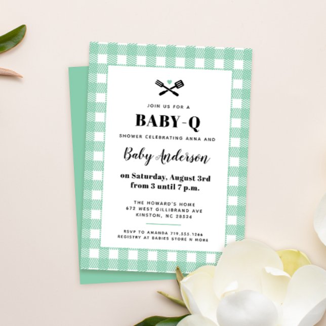 Mint Green Gingham Plaid Baby Shower BBQ Invitation (Creator Uploaded)